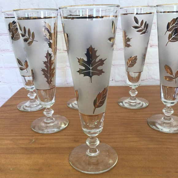 Vintage Libbey Frosted Golden Foliage Pilsner Beer Wine Glasses - Set of 6 - Picture 5 of 8